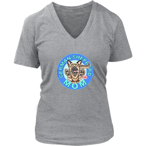 a women's heather grey v-neck shirt featuring the original artwork by OMG You're Home! The German Shepherd dog mom design is on the front in full color. 