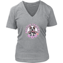 Load image into Gallery viewer, A women&#39;s heather grey v-neck shirt from OMG You&#39;re Home! with the Boston Terrier dog Mom design on the front in pink letters