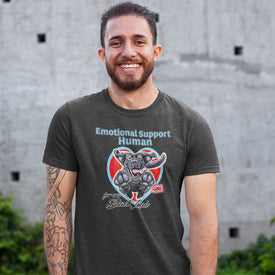 man wearing a grey t-shirt with the Emotional Support Human design with the OMG excited black labrador retriever
