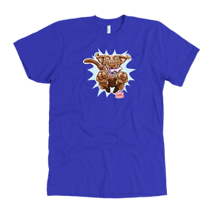 front view of a men's royal blue t-shirt with the OMG You're Home Chocolate Labrador Retriever dog design in full color