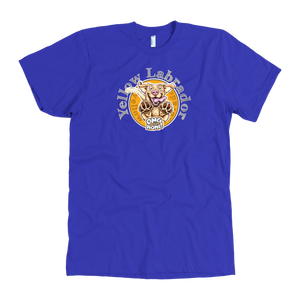 front view of a men's royal blue American Apparel  t-shirt featuring the OMG You're HOME! Yellow Labrador Retriever design