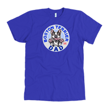 Load image into Gallery viewer, A men&#39;s royal blue t-shirt featuring the original OMG You&#39;re Home Boston Terrier dog design on the front