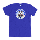 A men's royal blue t-shirt featuring the original OMG You're Home Boston Terrier dog design on the front