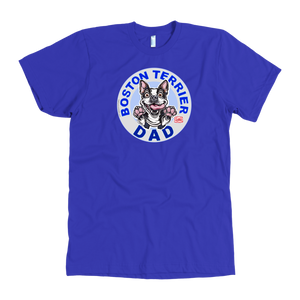 A men's royal blue t-shirt featuring the original OMG You're Home Boston Terrier dog design on the front