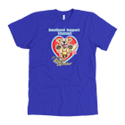 a men's royal blue tee featuring the original OMG You're Home! Emotional Support Human - Golden Retriever design