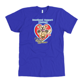 a men's royal blue tee featuring the original OMG You're Home! Emotional Support Human - Golden Retriever design