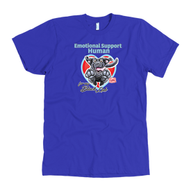 a  royal blue OMG You're Home t-shirt featuring the Emotional Support Human for my Black Labrador Retriever design on the front in full color