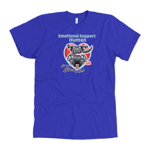 a  royal blue OMG You're Home t-shirt featuring the Emotional Support Human for my Black Labrador Retriever design on the front in full color