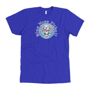 The front view of a men's royal blue t-shirt featuring the OMG blue nose pit bull design on the front in full color