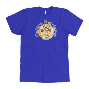 a mens royal blue dog lover t-shirt featuring the original Golden Retriever artwork by OMG You're Home on the front