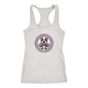 A pink Next Level Racerback Tank featuring the OMG You're Home! Boston Terrier design with "Rescue is my favorite breed"