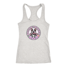 Load image into Gallery viewer, A soft pink Next Level Racerback Tank featuring the OMG You&#39;re Home Boston Terrier Dog Mom design on the front in full vibrant color. 