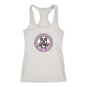 A soft pink Next Level Racerback Tank featuring the OMG You're Home Boston Terrier Dog Mom design on the front in full vibrant color. 