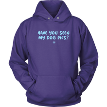 Load image into Gallery viewer, a purple hoodie with the HAVE YOU SEEN MY DOG PICS design on the front