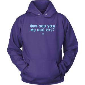 a purple hoodie with the HAVE YOU SEEN MY DOG PICS design on the front