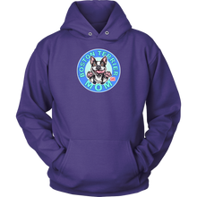 Load image into Gallery viewer, front view of a purple hoodie featuring the OMG Boston Terrier dog mom design in full color