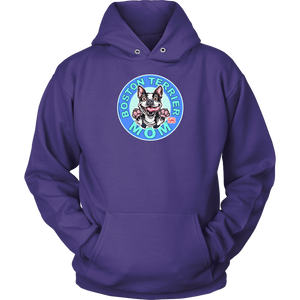 front view of a purple hoodie featuring the OMG Boston Terrier dog mom design in full color