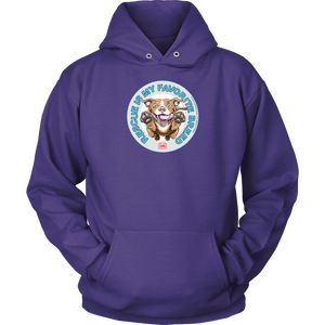 front view of a purple hoodie featuring original Red Nose Pitbull rescue artwork by OMG You're HOME!