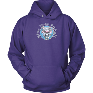 the front view of a purple unisex Hoodie featuring the OMG You're Home Blue Nose Pitbull dog design in full color.