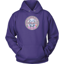 Load image into Gallery viewer, This comfy purple hoodie features the OMG Blue Nose Pitbull Mom design on the front in full vibrant color. 