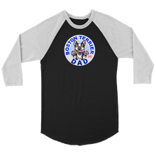 Load image into Gallery viewer, a black and white 3/4 sleeve jersey with the OMG You&#39;re Home! Boston Terrier dog Dad design on the front 