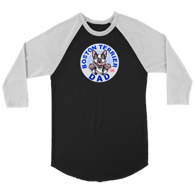 a black and white 3/4 sleeve jersey with the OMG You're Home! Boston Terrier dog Dad design on the front 