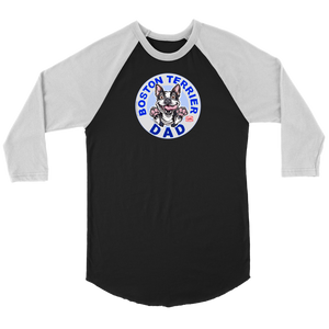 a black and white 3/4 sleeve jersey with the OMG You're Home! Boston Terrier dog Dad design on the front 