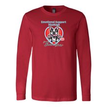 Load image into Gallery viewer, a red long sleeve shirt featuring the Boston Terrier dog design in the Emotional Support Human collection. Great gift idea for the Bostie dog lover. 