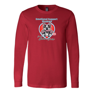 a red long sleeve shirt featuring the Boston Terrier dog design in the Emotional Support Human collection. Great gift idea for the Bostie dog lover. 