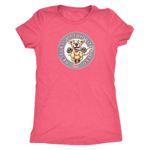 a women's pink t-shirt featuring the original Golden Retriever dog artwork by OMG You're Home! This collection is dedicated to those of us who love and support rescues.