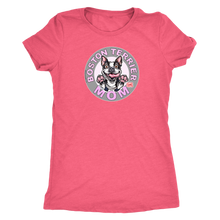 Load image into Gallery viewer, a woman&#39;s bright pink shirt with the Boston Terrier dog Mom design on the front on pink letters