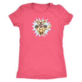 A women's pink tee featuring the OMG You're Home! Golden Retriever design