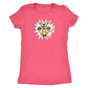 A women's pink tee featuring the OMG You're Home! Golden Retriever design