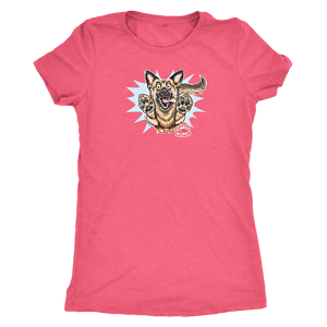 a pink Next Level Womens Triblend shirt featuring the OMG You're Home German Shepherd dog design on the front in full color. 