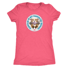 Load image into Gallery viewer, front view of a women&#39;s pink triblend shirt featuring original Red Nose Pitbull rescue artwork by OMG You&#39;re HOME!