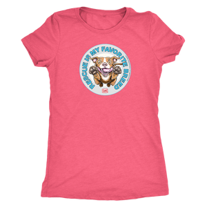 front view of a women's pink triblend shirt featuring original Red Nose Pitbull rescue artwork by OMG You're HOME!