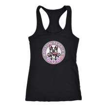 Load image into Gallery viewer, A soft black Next Level Racerback Tank featuring the OMG You&#39;re Home Boston Terrier Dog Mom design on the front in full vibrant color. 