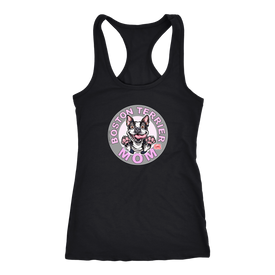 A soft black Next Level Racerback Tank featuring the OMG You're Home Boston Terrier Dog Mom design on the front in full vibrant color. 