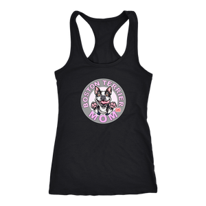 A soft black Next Level Racerback Tank featuring the OMG You're Home Boston Terrier Dog Mom design on the front in full vibrant color. 