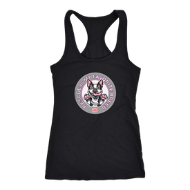 A black Next Level Racerback Tank featuring the OMG You're Home! Boston Terrier design with 