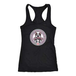 A black Next Level Racerback Tank featuring the OMG You're Home! Boston Terrier design with "Rescue is my favorite breed"