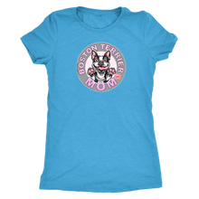 Load image into Gallery viewer, a woman&#39;s light blue shirt with the Boston Terrier dog Mom design on the front on pink letters