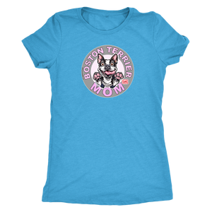 a woman's light blue shirt with the Boston Terrier dog Mom design on the front on pink letters