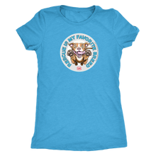 Load image into Gallery viewer, front view of a women&#39;s light blue triblend shirt featuring original Red Nose Pitbull rescue artwork by OMG You&#39;re HOME!