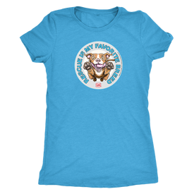 front view of a women's light blue triblend shirt featuring original Red Nose Pitbull rescue artwork by OMG You're HOME!