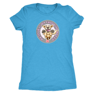 a women's light blue t-shirt featuring the original Golden Retriever dog artwork by OMG You're Home! This collection is dedicated to those of us who love and support rescues.