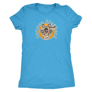 a  women's sky blue triblend shirt with the original German Shepherd design on the front in full color 