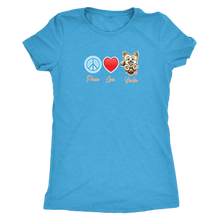 Load image into Gallery viewer, light blue Next Level Triblend Shirt featuring the Peace Love Yorkie dog design from OMG You&#39;re HOME!