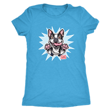 Load image into Gallery viewer, a light blue Next Level Womens Triblend featuring the OMG You&#39;re Home Boston Terrier dog design in full color on the front. 