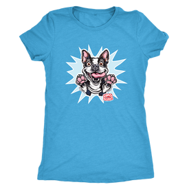 a light blue Next Level Womens Triblend featuring the OMG You're Home Boston Terrier dog design in full color on the front. 